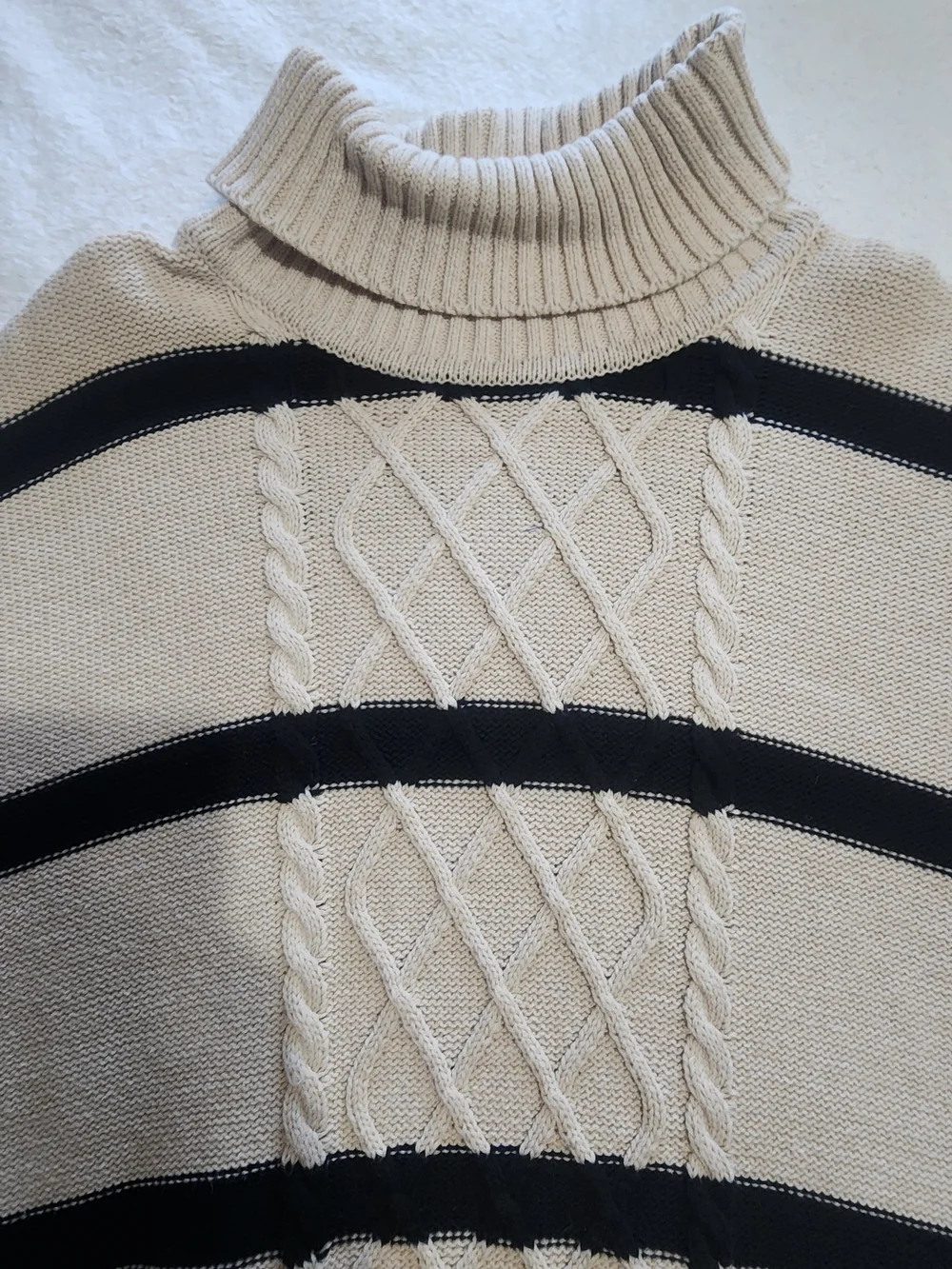 New York & Company Striped Turtleneck Cable Knit Sweater Dress Beige Large